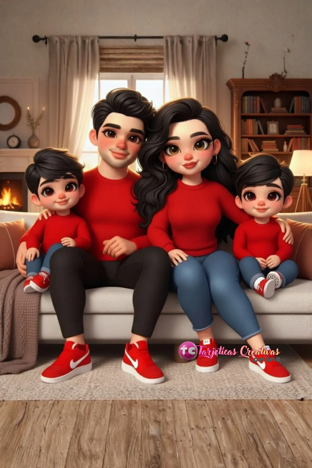 Papá mamá e hijos sentados felices en el sofa de la sala